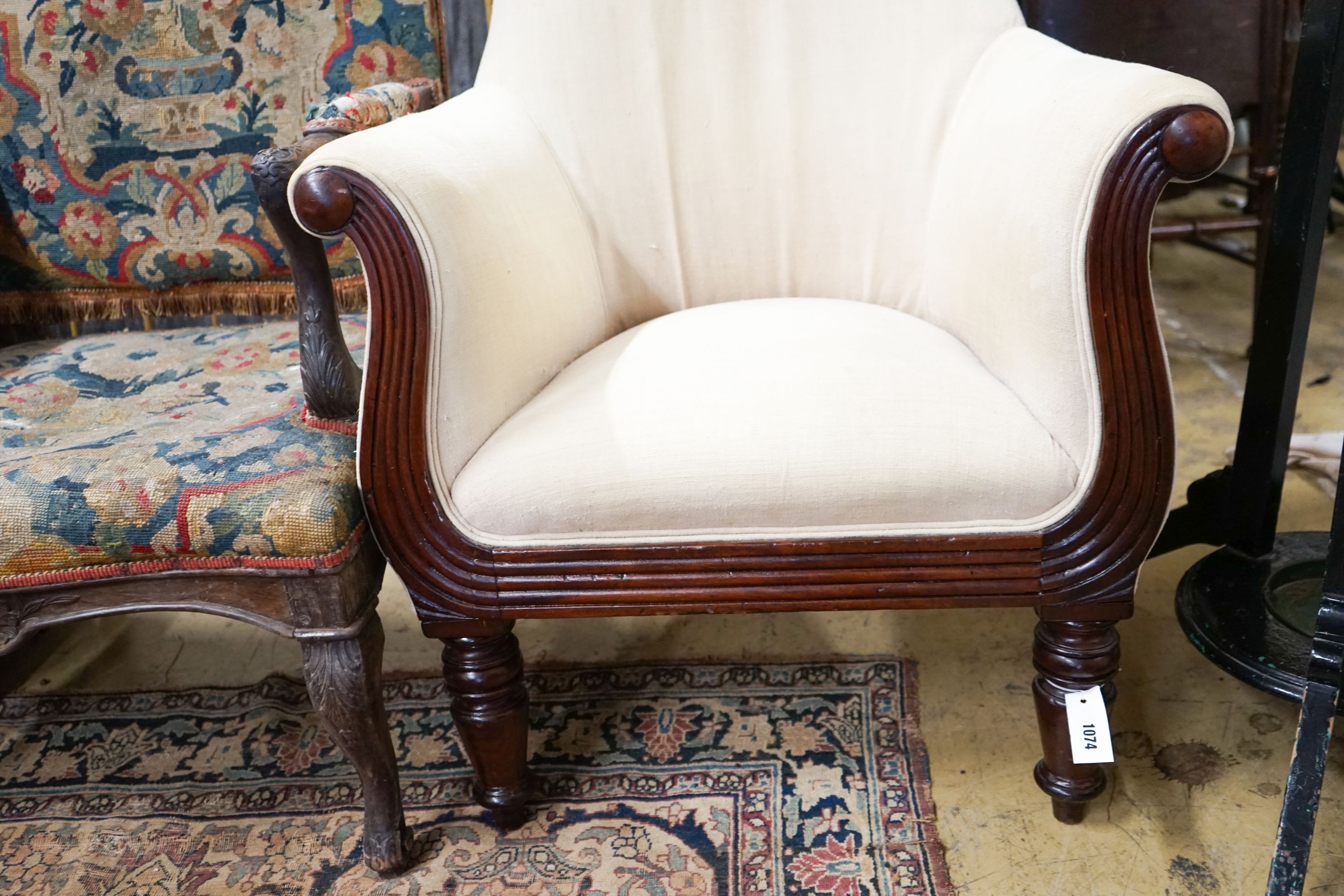 A William IV mahogany upholstered armchair, width 70cm, depth 70cm, height 122cm